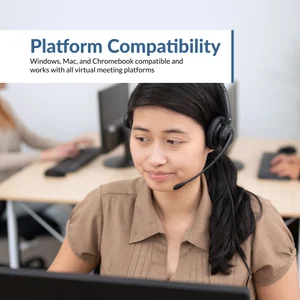 Call center worker wearing AC-204ENC II headset, compatible with Windows, Mac, and Chromebook