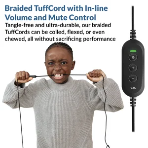 Student chewing the AC-6014 braided TuffCord cable with in-line mute and volume controls — chew-resistant headset for grades 6-12 built for tough classrooms