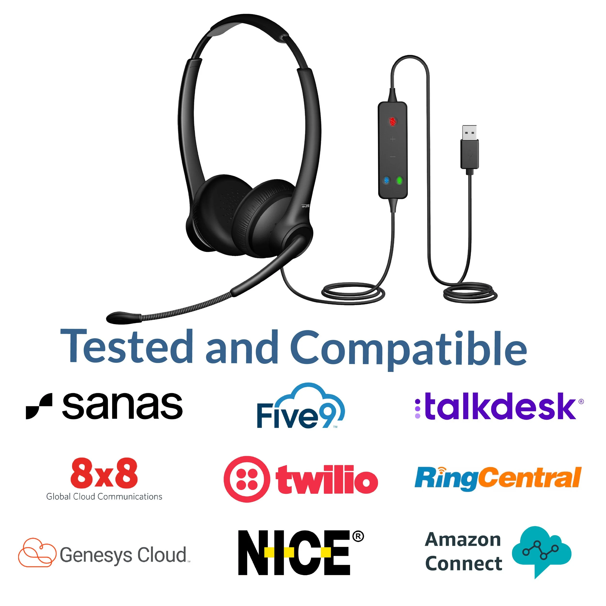 Compatibility badges showing Cyber Acoustics AC-304TR headset tested with Sanas, Five9, Talkdesk, 8x8, Twilio, RingCentral, Genesys Cloud, NICE, and Amazon Connect