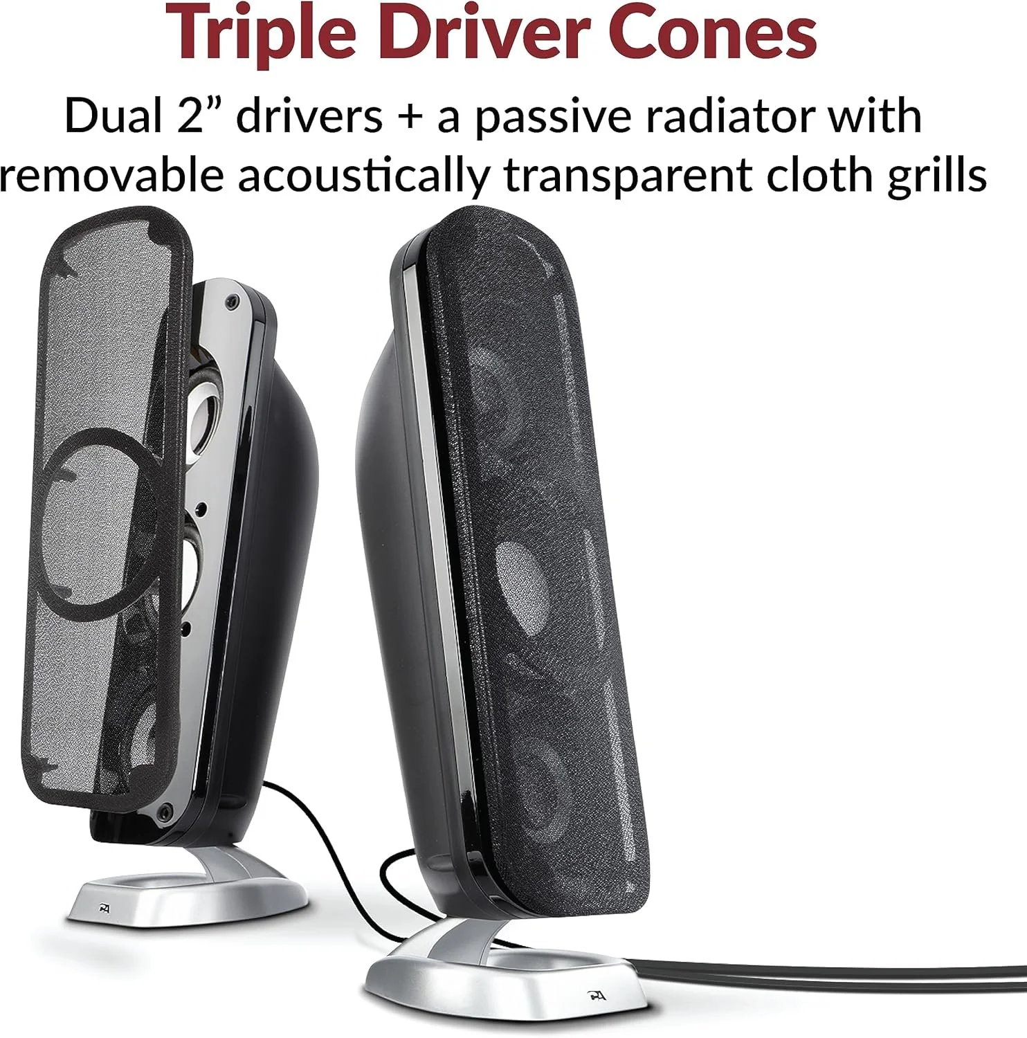 Triple driver desktop speakers with removable cloth grills for PC, 3.5mm audio