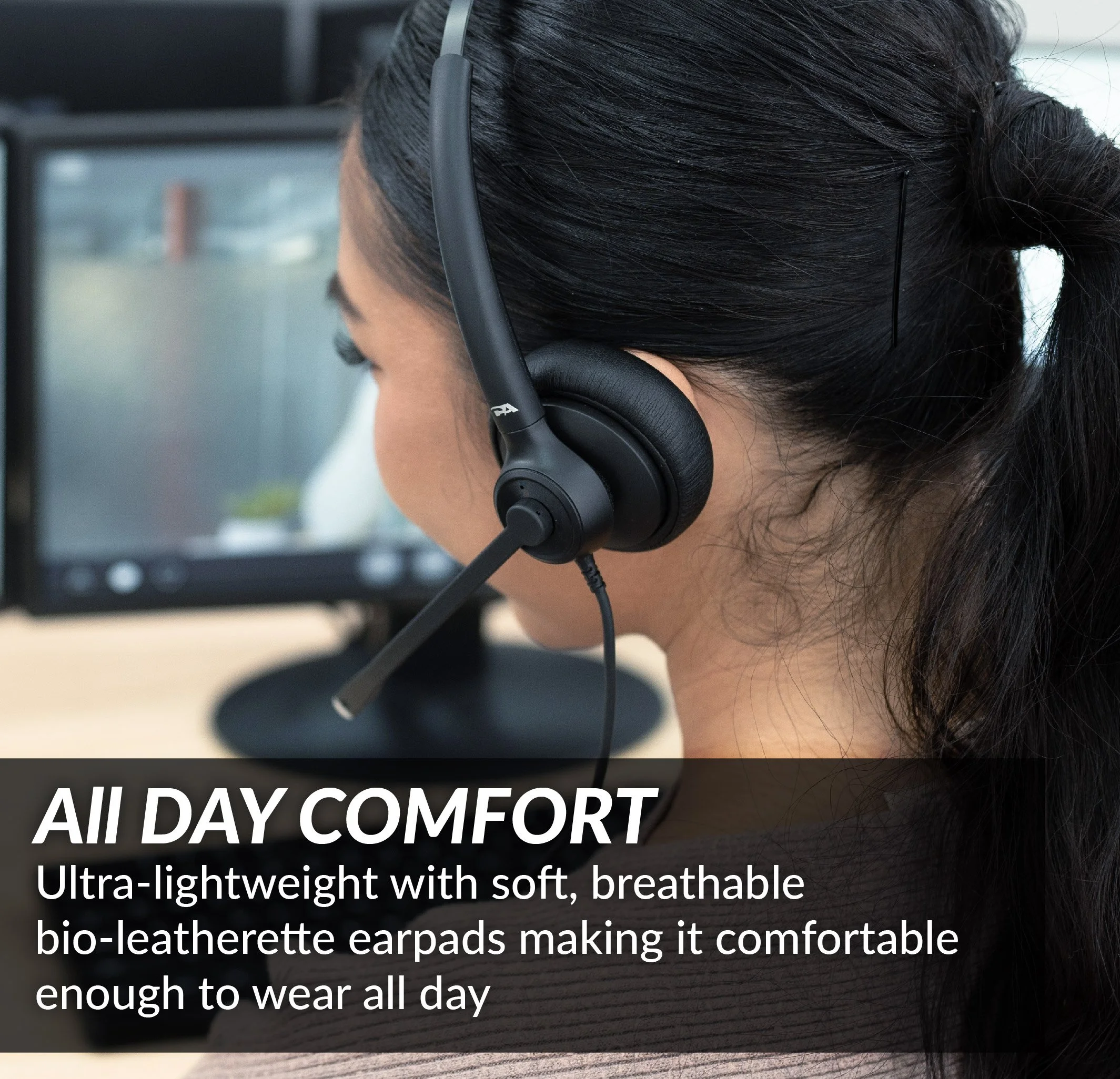 Lightweight AI Noise Cancellation headset with breathable earpads for all day office comfort