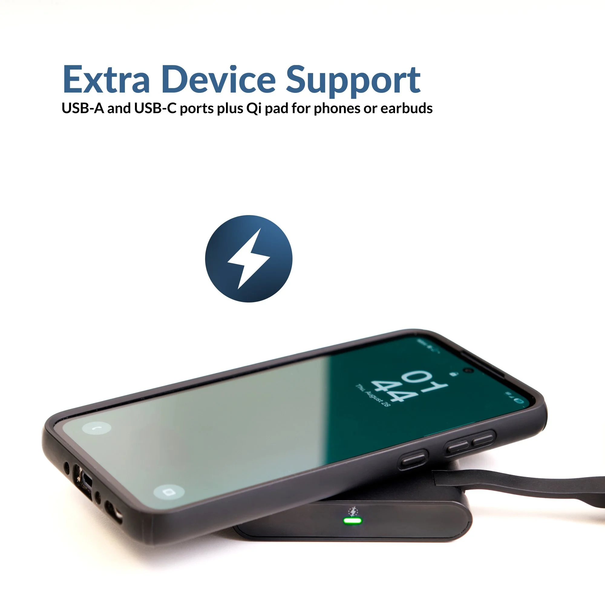 Cyber Acoustics DS-1500 Qi wireless charging pad with a smartphone charging on top and green LED indicator lit