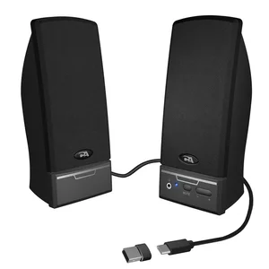 Cyber Acoustics CA-2014USB PC USB Stereo Speakers front and angled side view with USB-C cable and USB-A adapter