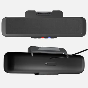 CA-2890BT speaker bar front and back views showing speaker grille, LED indicators, and monitor clamp