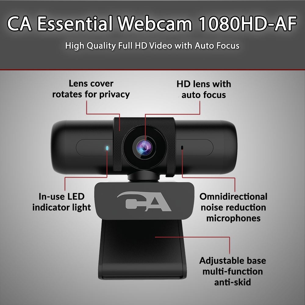CA Essential Webcam 1080HD-AF showing auto focus HD lens and Center View framing on display during online meeting