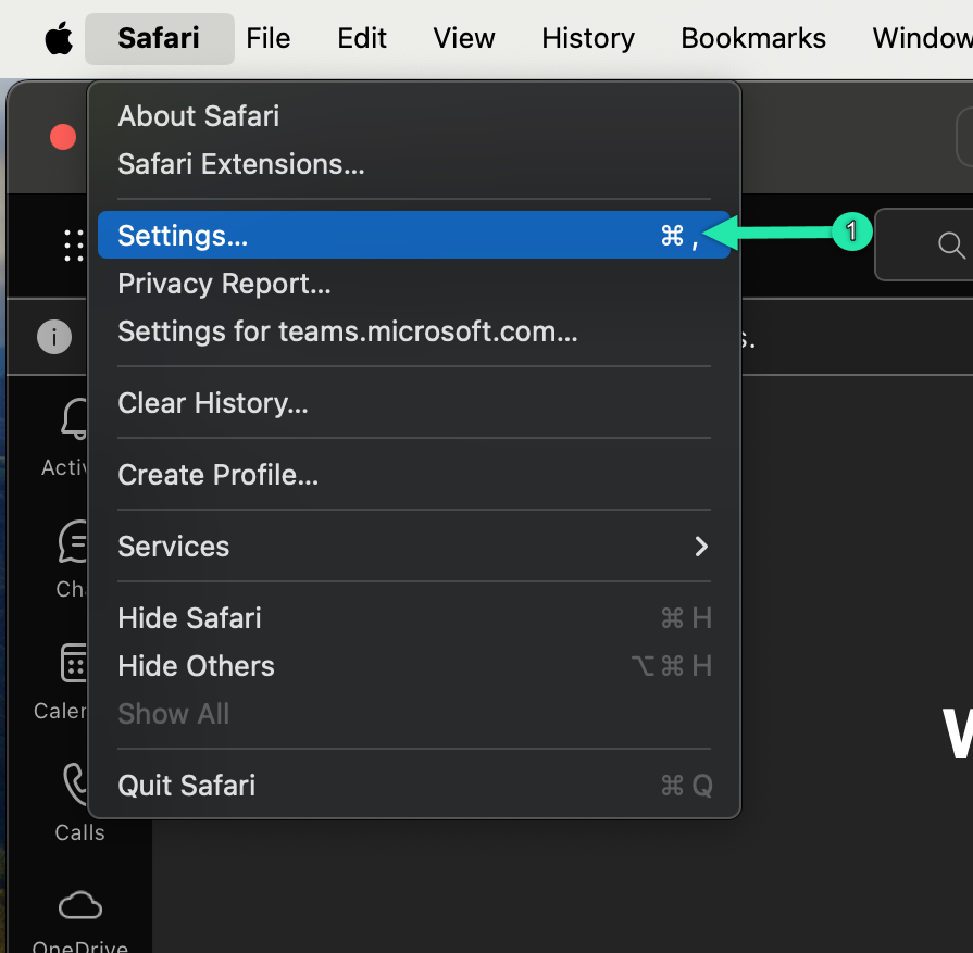Safari settings menu