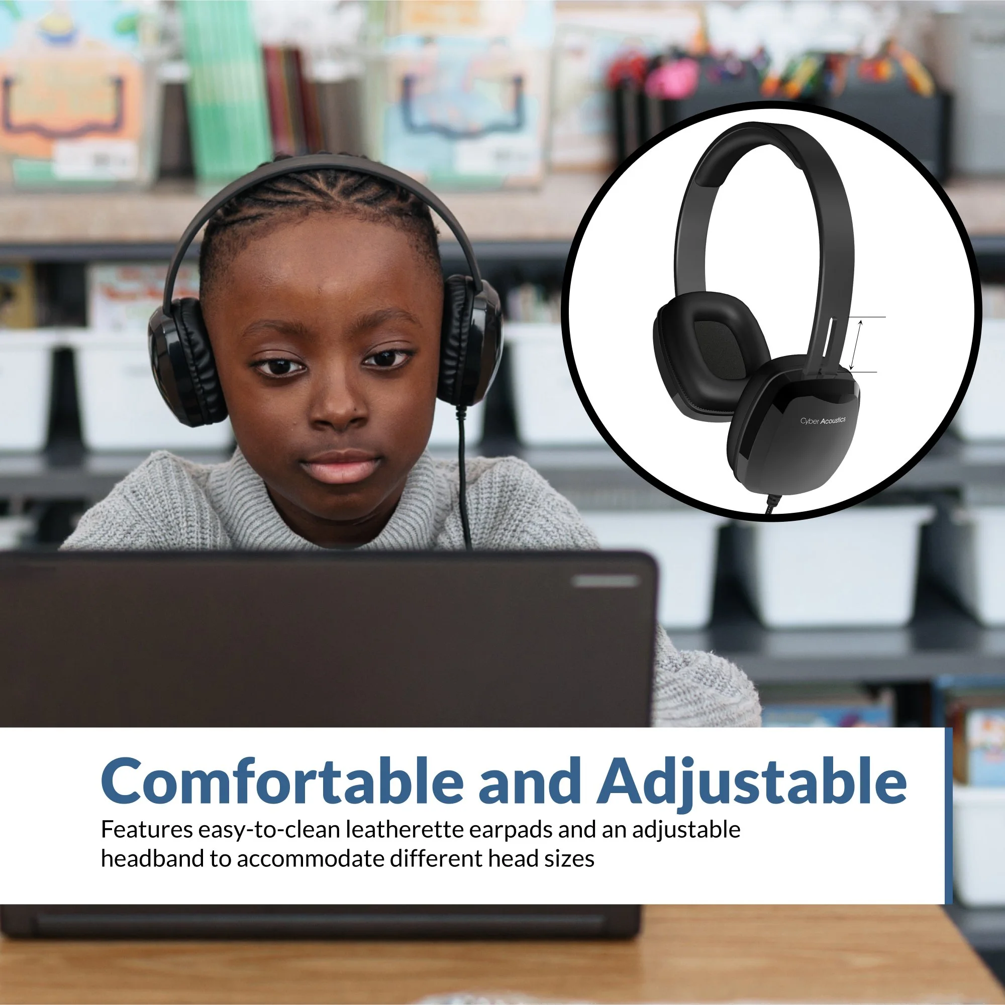 Student wearing Cyber Acoustics ACM-6005 USB-A headphones with adjustable headband and easy-to-clean leatherette earcups in a classroom