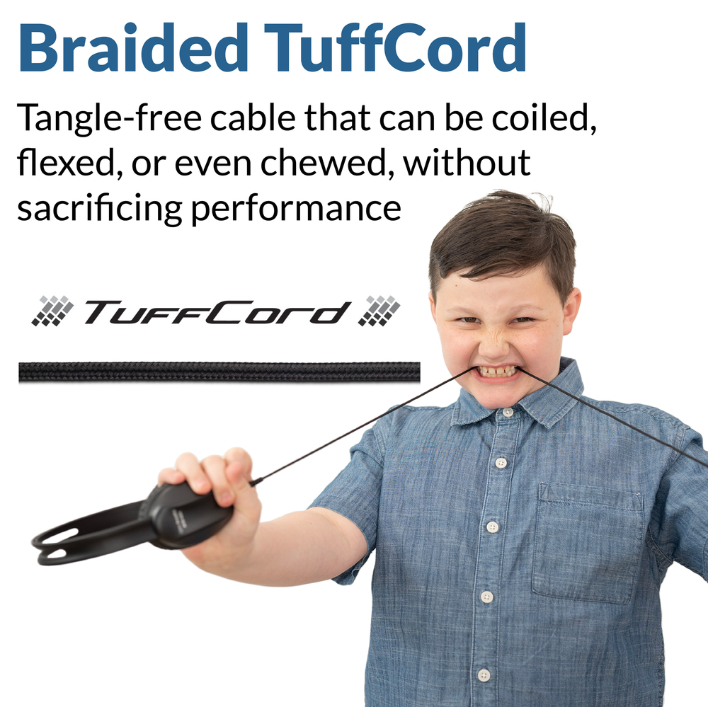 Student biting AC-4014 braided TuffCord USB-C cable demonstrating chew-resistant, tangle-free durability for classroom use