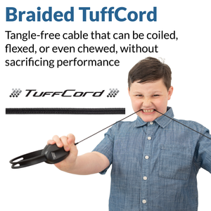 Student biting AC-4014 braided TuffCord USB-C cable — chew-resistant, tangle-free cord tested and approved for school headset use in classrooms and student voice recording programs