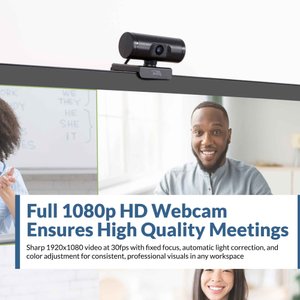 WC-1000 webcam with no microphone on monitor delivering full 1080p HD video at 30fps for high quality meetings