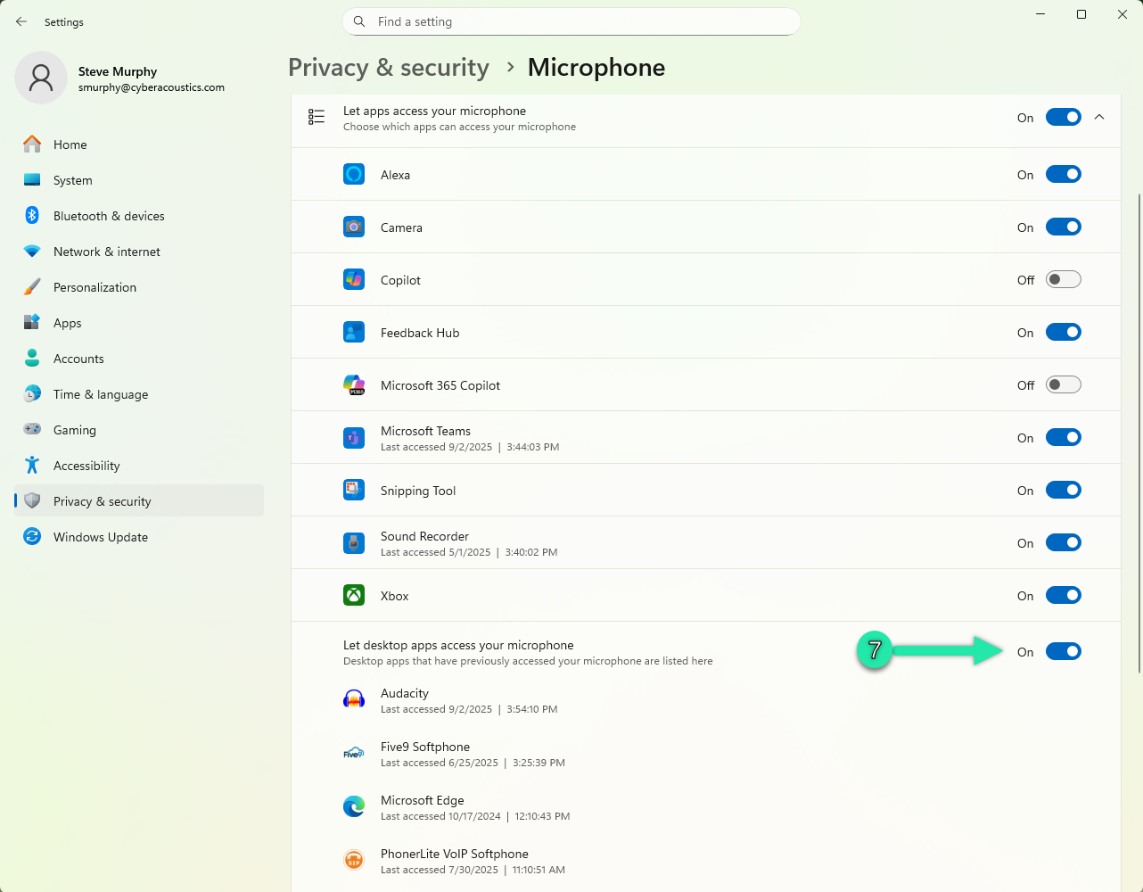 Windows 11 Allow desktop apps to access your microphone