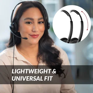 AC-304 headset feature infographic highlighting AI noise cancelation, adjustable headband, and bio-leatherette earpads