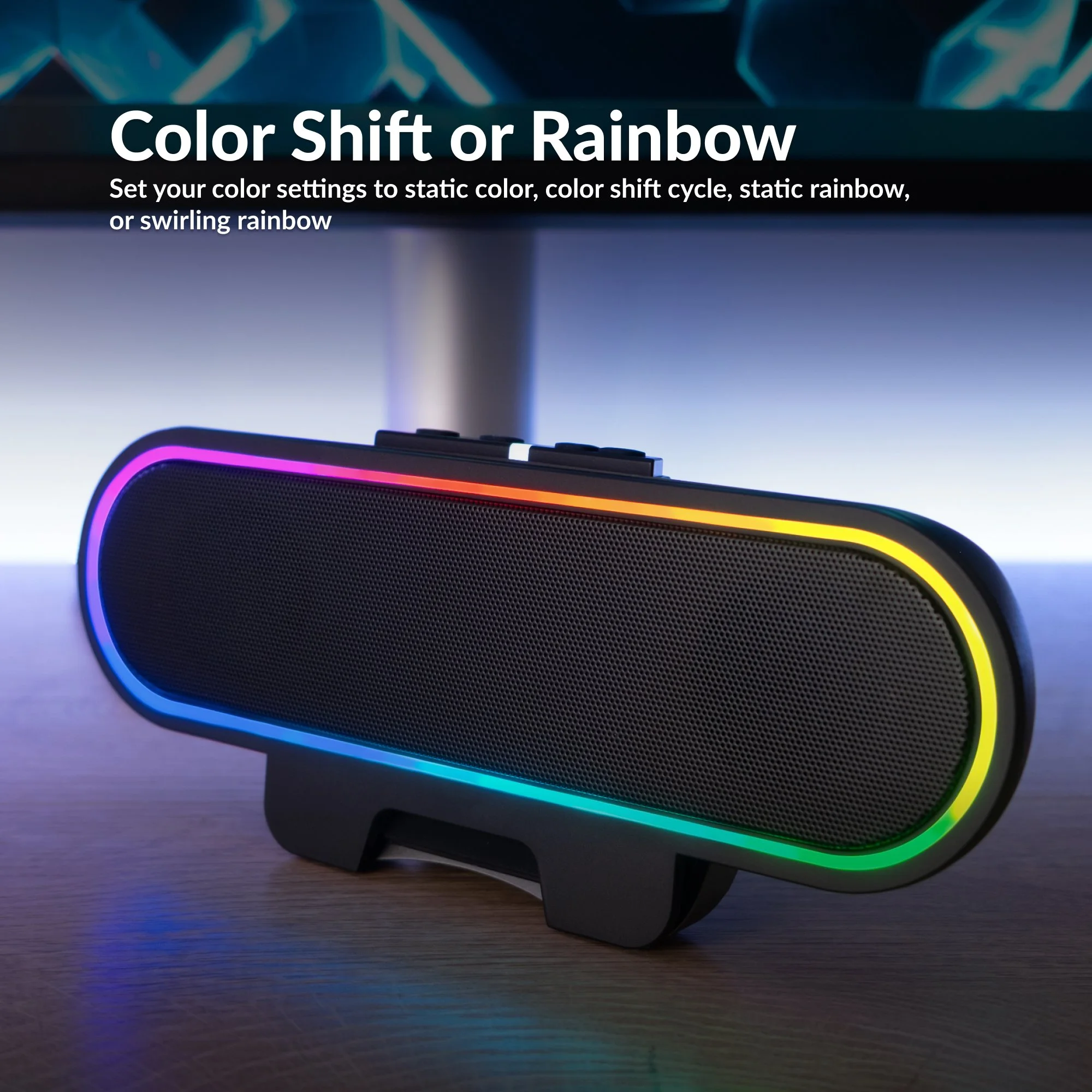 CA-2890GX RGB speakerbar displaying rainbow color shift lighting mode