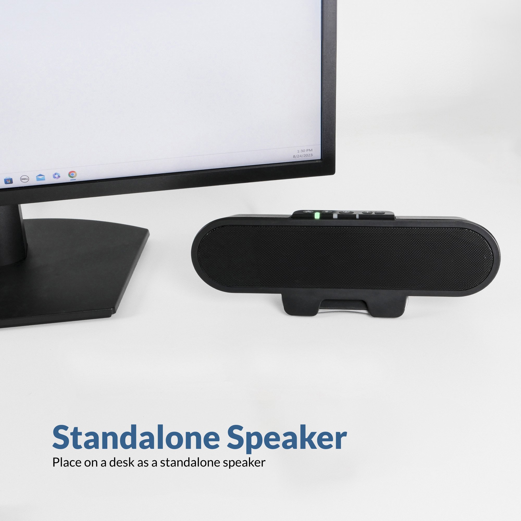Standalone speaker that sits on the desktop or mounts onto monitor