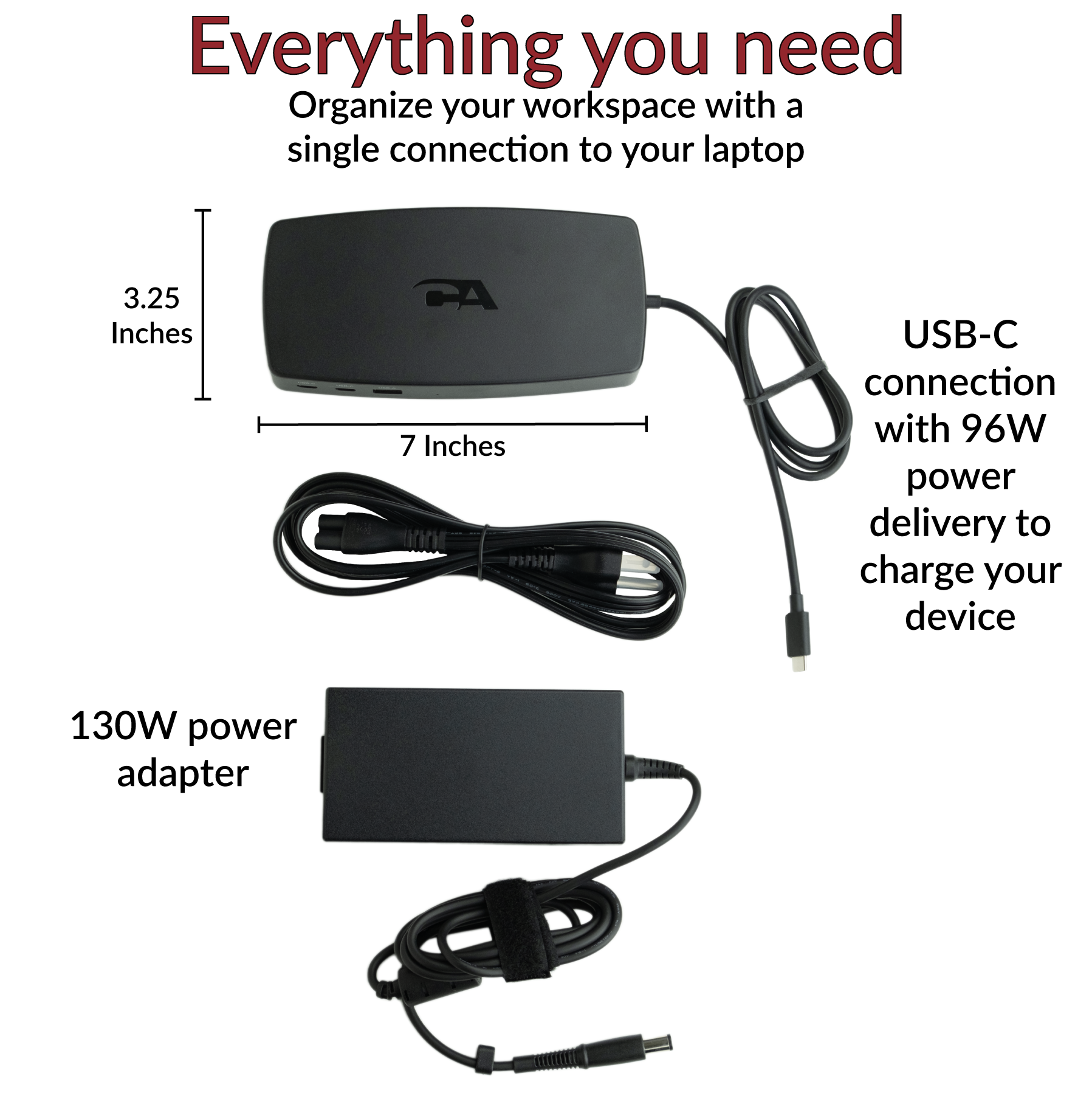 Cyber Acoustics DS-6000 docking station with measurements, power adapter, and single USB-C connection for streamlined workspace setup