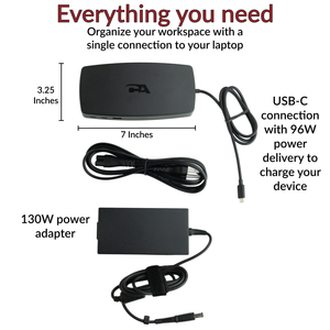 Cyber Acoustics DS-6000 docking station with measurements, power adapter, and single USB-C connection for streamlined workspace setup