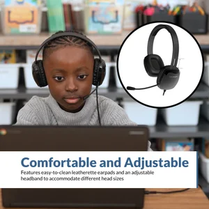 Young student wearing AC-6012 USB-A headset with microphone for school at a Chromebook in a classroom — leatherette earpads and adjustable headband provide a comfortable fit for all-day use
