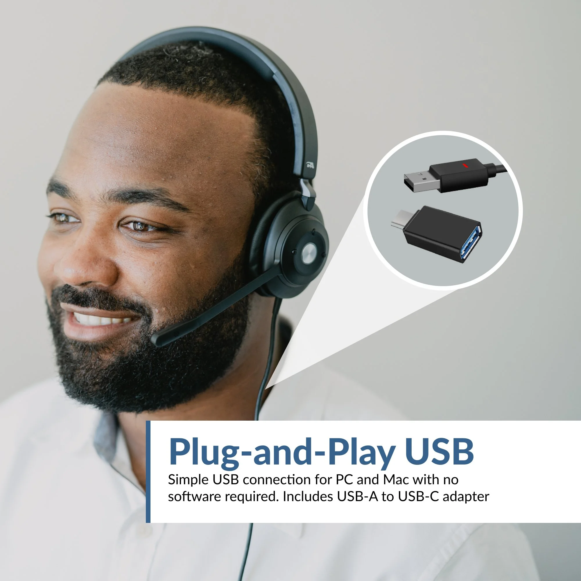 Plug-and-play USB headset with USB-A connection and included USB-A to USB-C adapter