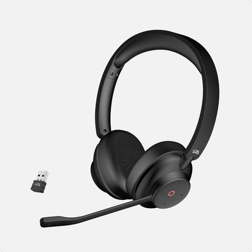 Cyber Acoustics wireless headset with noise cancellation for work, shown on white background with binaural design, boom mic, red earcup button, and included USB-A Bluetooth dongle