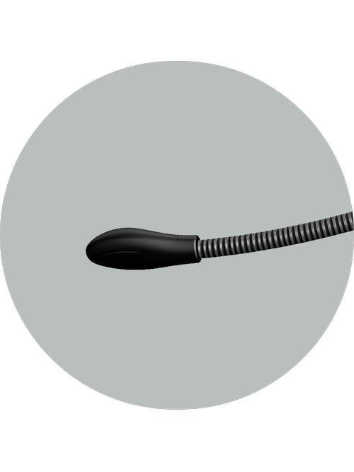 Close-up of the AC-304 boom microphone positioned near the mouth, illustrating AI noise-canceling capability