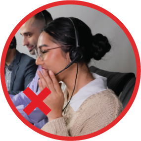 Call center agent covering headset microphone with cupped hand — incorrect technique, red circle border