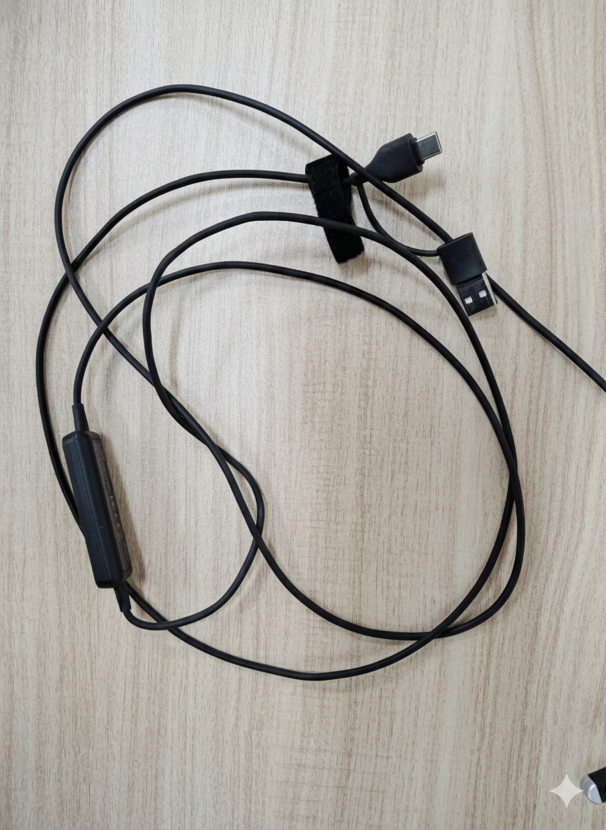 Call center headset USB cable tangled and loosely jumbled on a wood surface — incorrect storage method