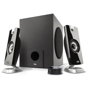 CA-3610 2.1 computer speaker system with subwoofer shown from an angle with satellites, subwoofer, and control pod