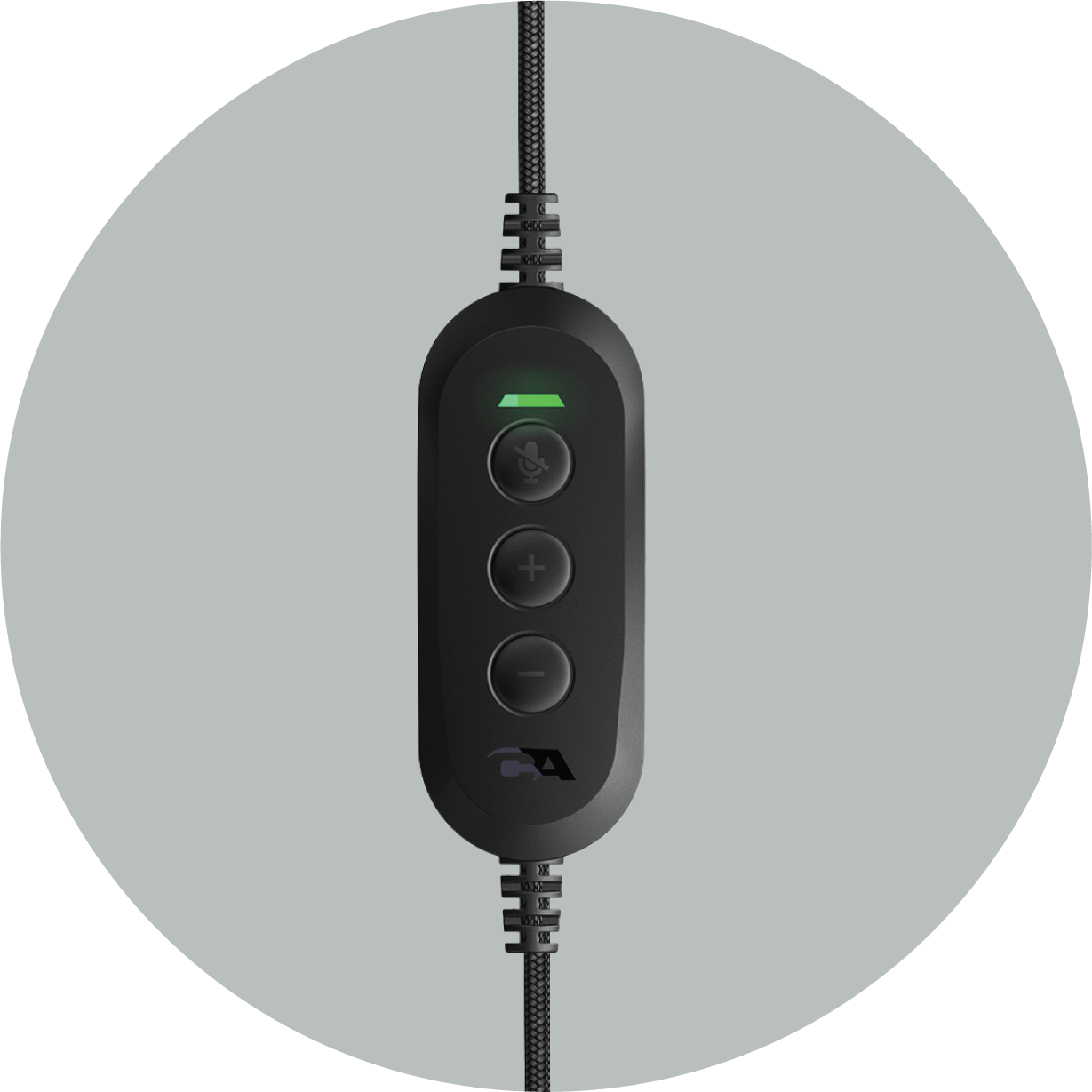 Close-up of the AC-204USB pill-shaped in-line controller showing volume down, mute, and volume up buttons with LED mute indicator