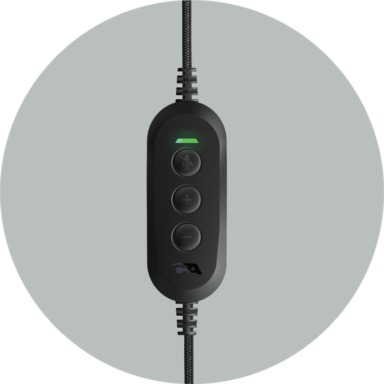 Close-up of the AC-204USB pill-shaped in-line controller showing volume down, mute, and volume up buttons with LED mute indicator