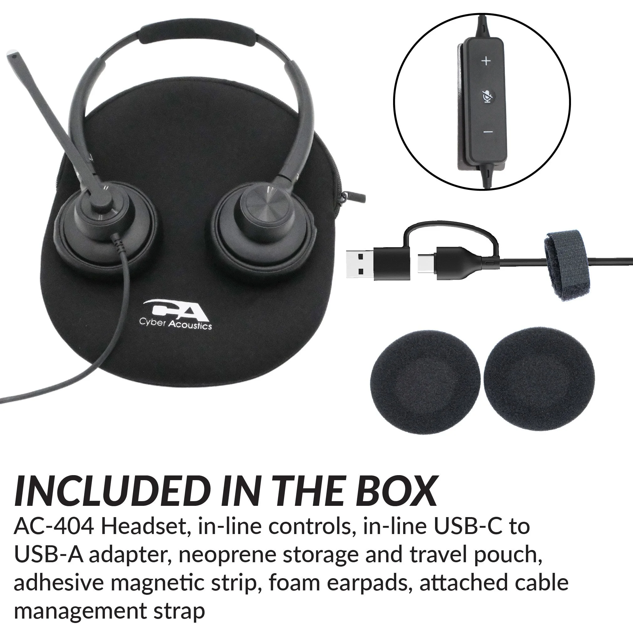 AI Noise Cancellation headset AC-404 with included accessories: USB adapter, travel pouch, foam earpads, and cable strap