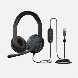 Cyber Acoustics AC-5008 USB-A stereo headset with microphone — black over-ear design with blue accent earcups, rotating boom mic, inline control pod, TuffCord cable, and USB-A connector on white background