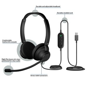 AC-204USB product infographic highlighting adjustable headband, durable braided cord, replaceable earpads, rigid-flex boom mic, and stress relief connectors