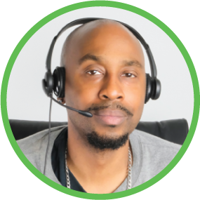 Man wearing call center headset with boom mic positioned correctly in front of his mouth, green circle border