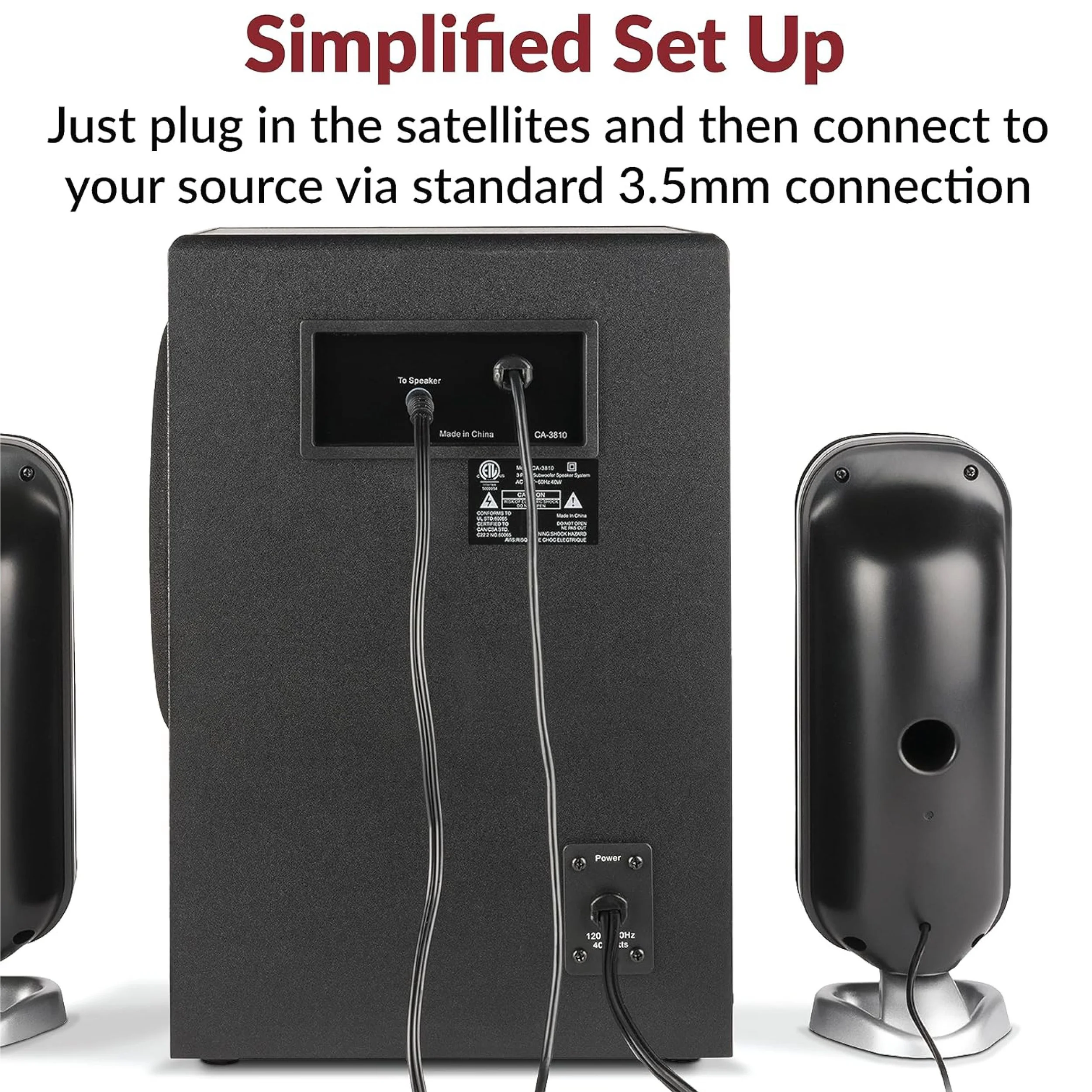 Cyber Acoustics CA-3810 simplified speaker setup with easy 3.5mm AUX connection