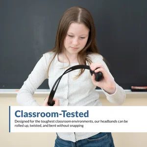 Student twisting and bending the ACM-4004 headband at a chalkboard — classroom-tested 3.5mm headphone for classrooms built to flex without snapping for daily SBAC testing use