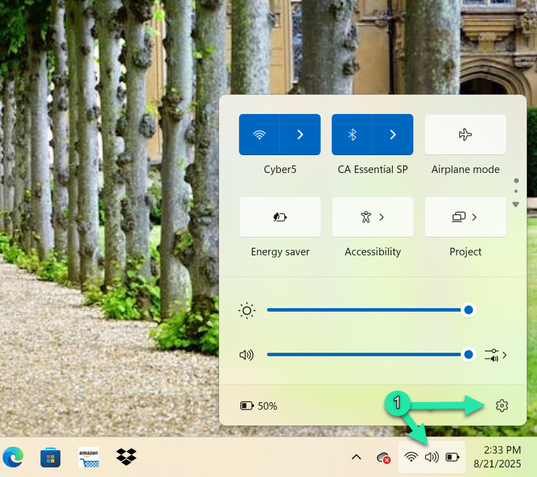 Windows 11 Quick Settings with Settings gear icon