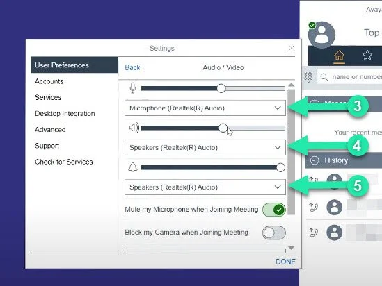 Avaya Workplace Client microphone selection