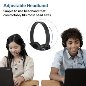 Two students at laptops wearing the AC-6014 headset for grades 6-12 — adjustable headband that comfortably fits most head sizes for online learning