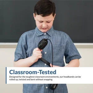 Cyber Acoustics ACM-6004 headphones with bendable, durable headband designed for tough classroom environments
