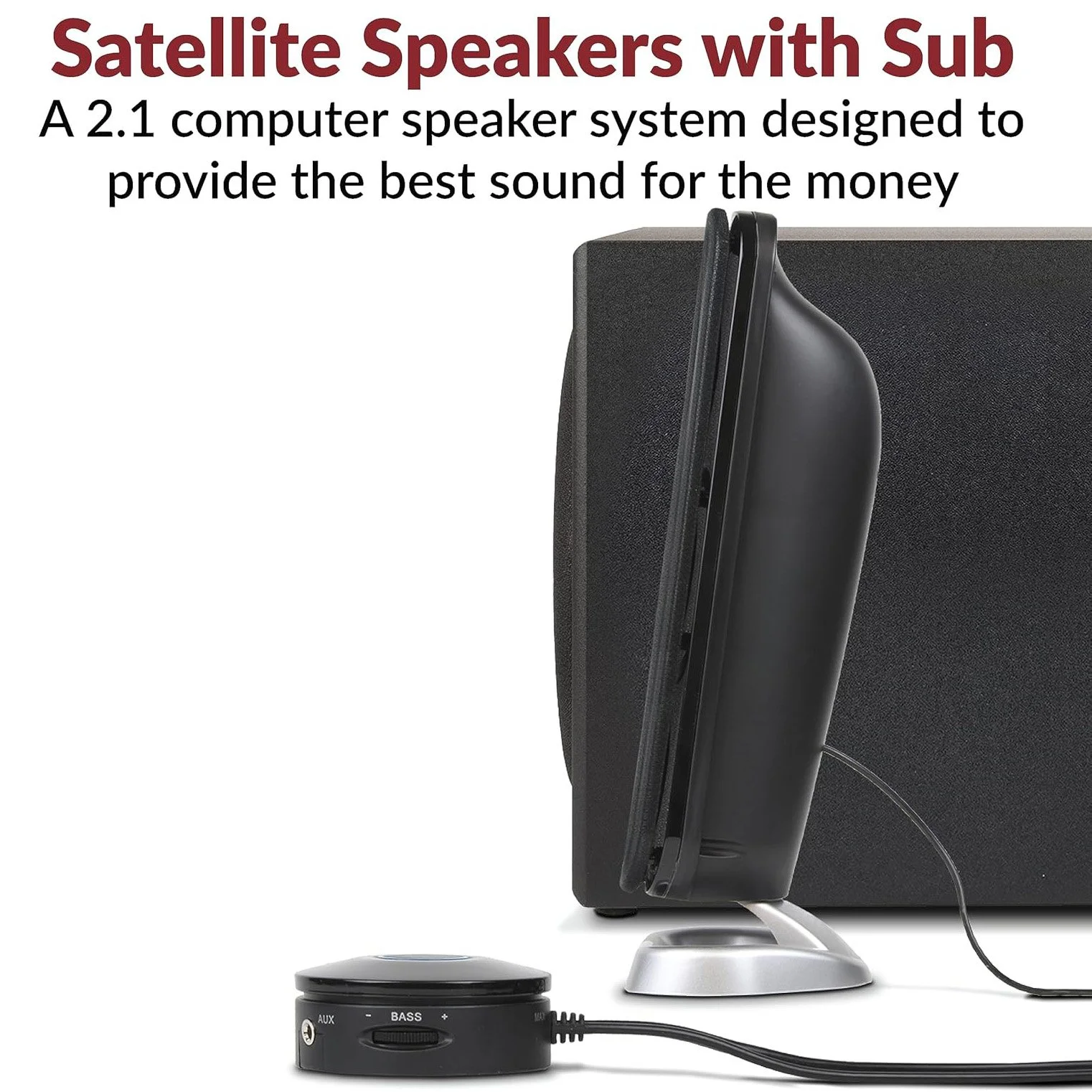 Satellite speakers with subwoofer and wired control pod with bass and volume controls