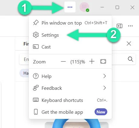 Microsoft Teams menu showing Settings option