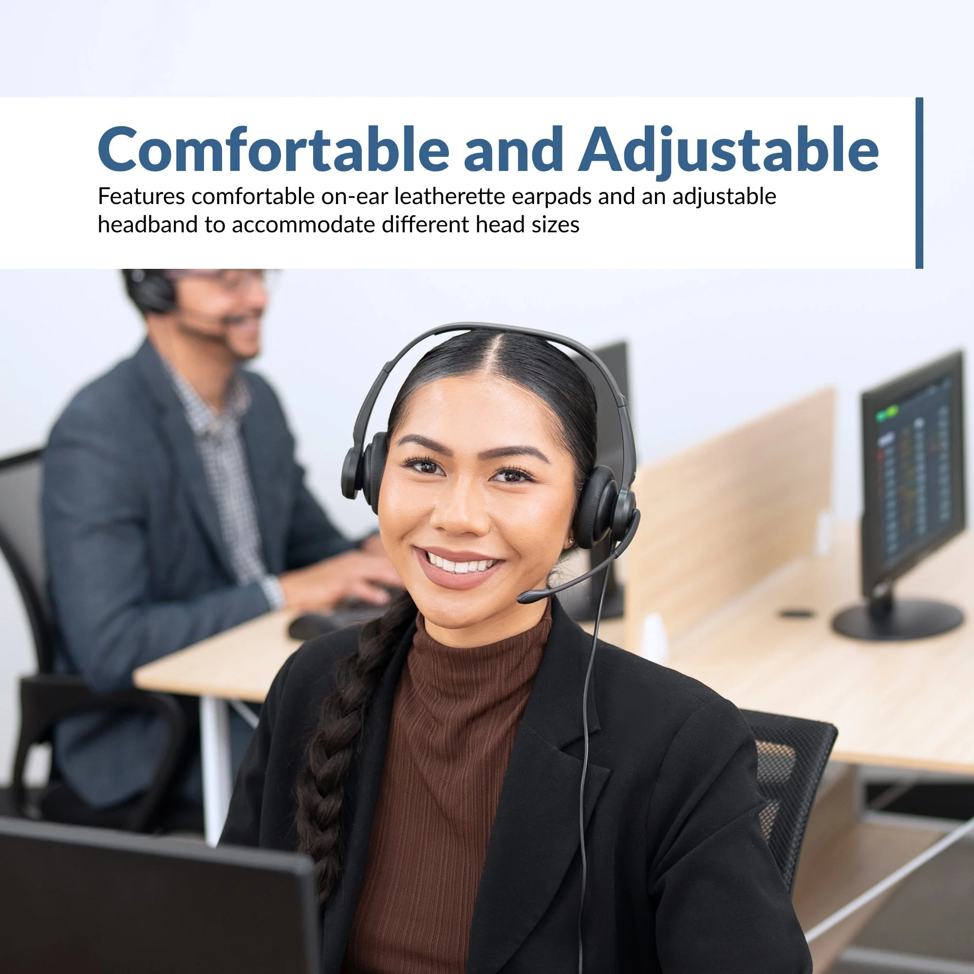 Call center agent wearing the Cyber Acoustics AC-204TR headset showing comfortable on-ear leatherette earpads and adjustable headband