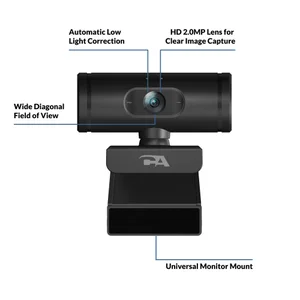 Cyber Acoustics WC-1000 webcam features infographic showing 2MP lens, auto low light correction, wide diagonal FOV, and universal monitor mount