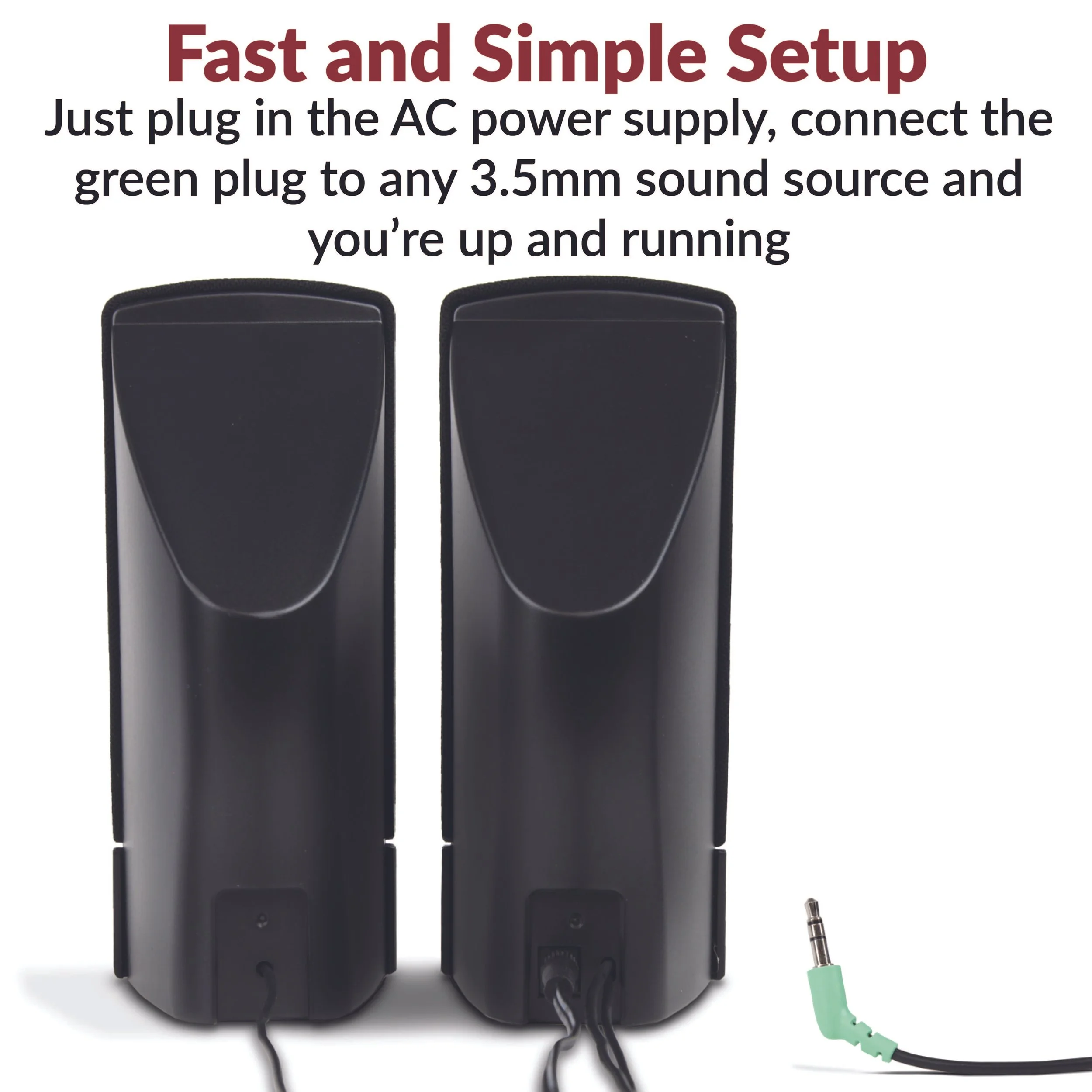 Back view of Cyber Acoustics CA-2014 computer speakers with 3.5mm plug for easy setup