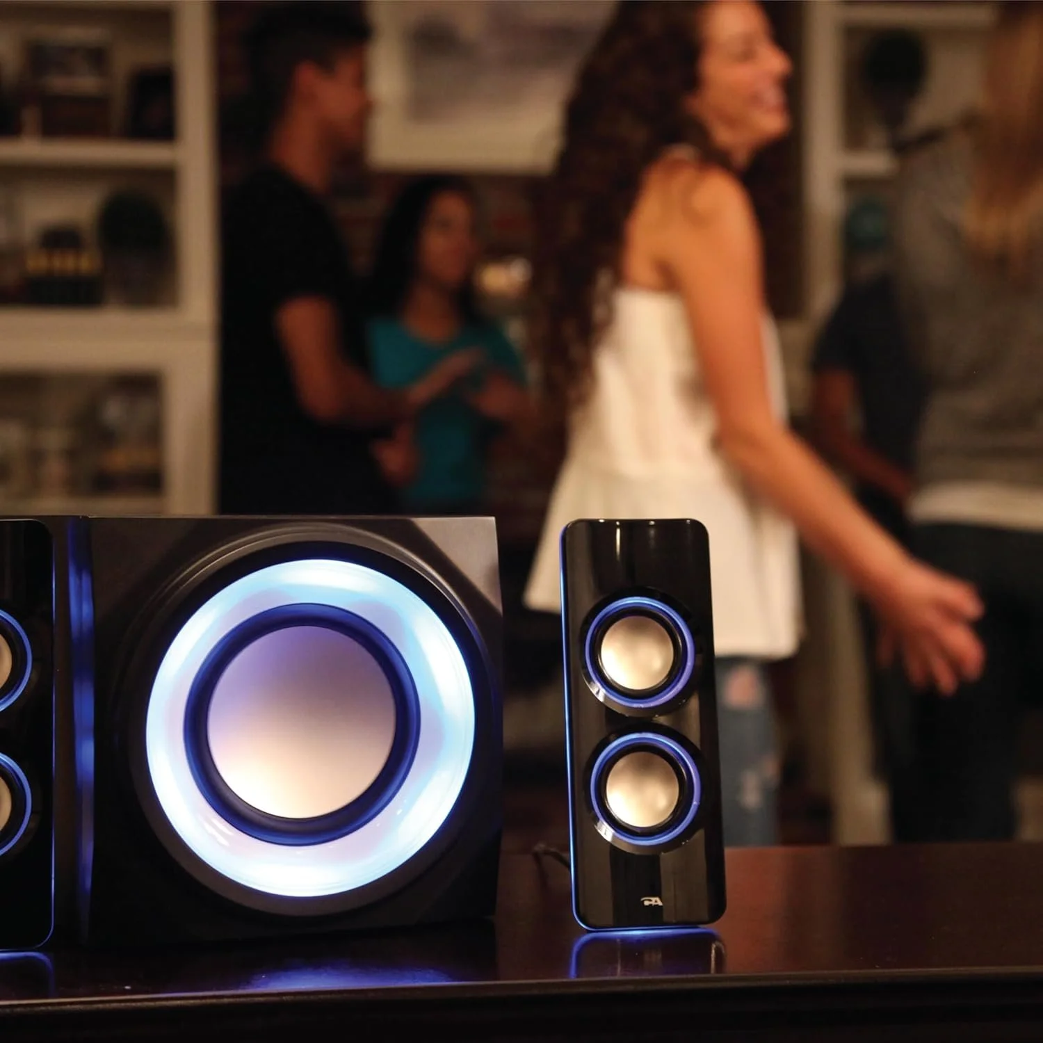 CA-3712 speakers and subwoofer with red LED lighting connected via Bluetooth