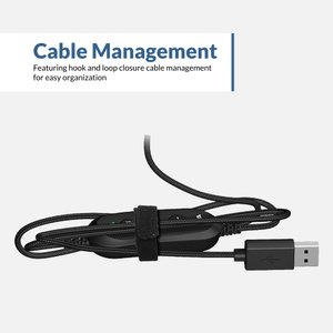 AC-6012 TuffCord cable coiled and bundled with hook-and-loop strap showing inline control pod and USB-A connector — USB-A headset with microphone for school kept tangle-free for classroom cart storage