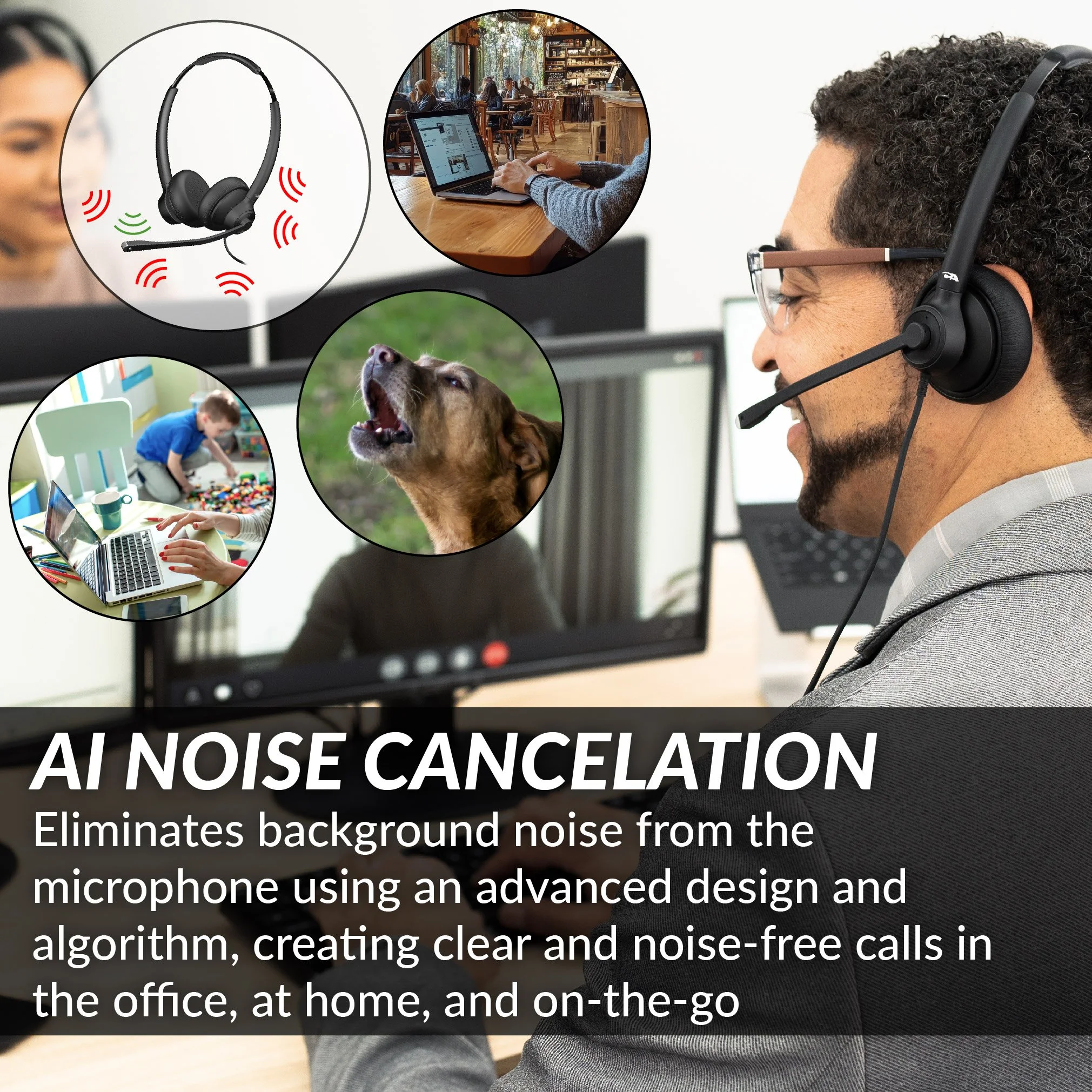 AI Noise Cancellation professional headset blocking background noise for clear office, home, and remote work calls