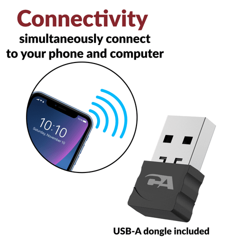 Wireless headset for work connectivity infographic showing simultaneous Bluetooth connection to phone and computer via the included USB-A dongle