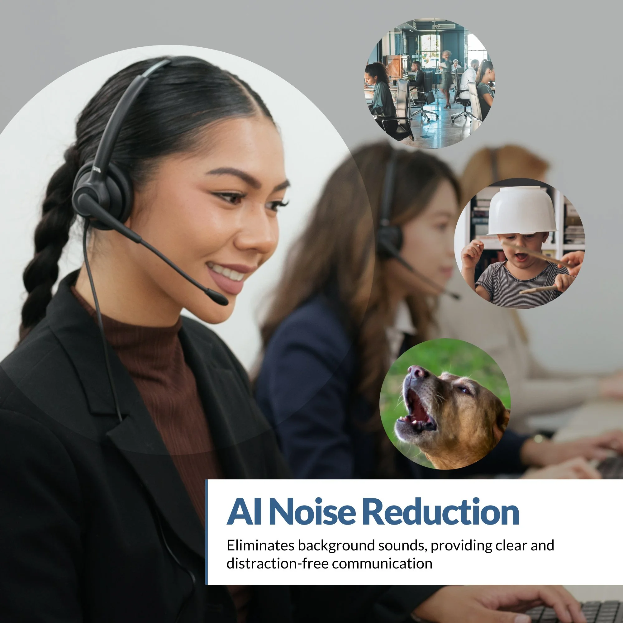 Call center agent wearing the Cyber Acoustics AC-304TR headset demonstrating AI Noise Reduction that minimizes background distractions