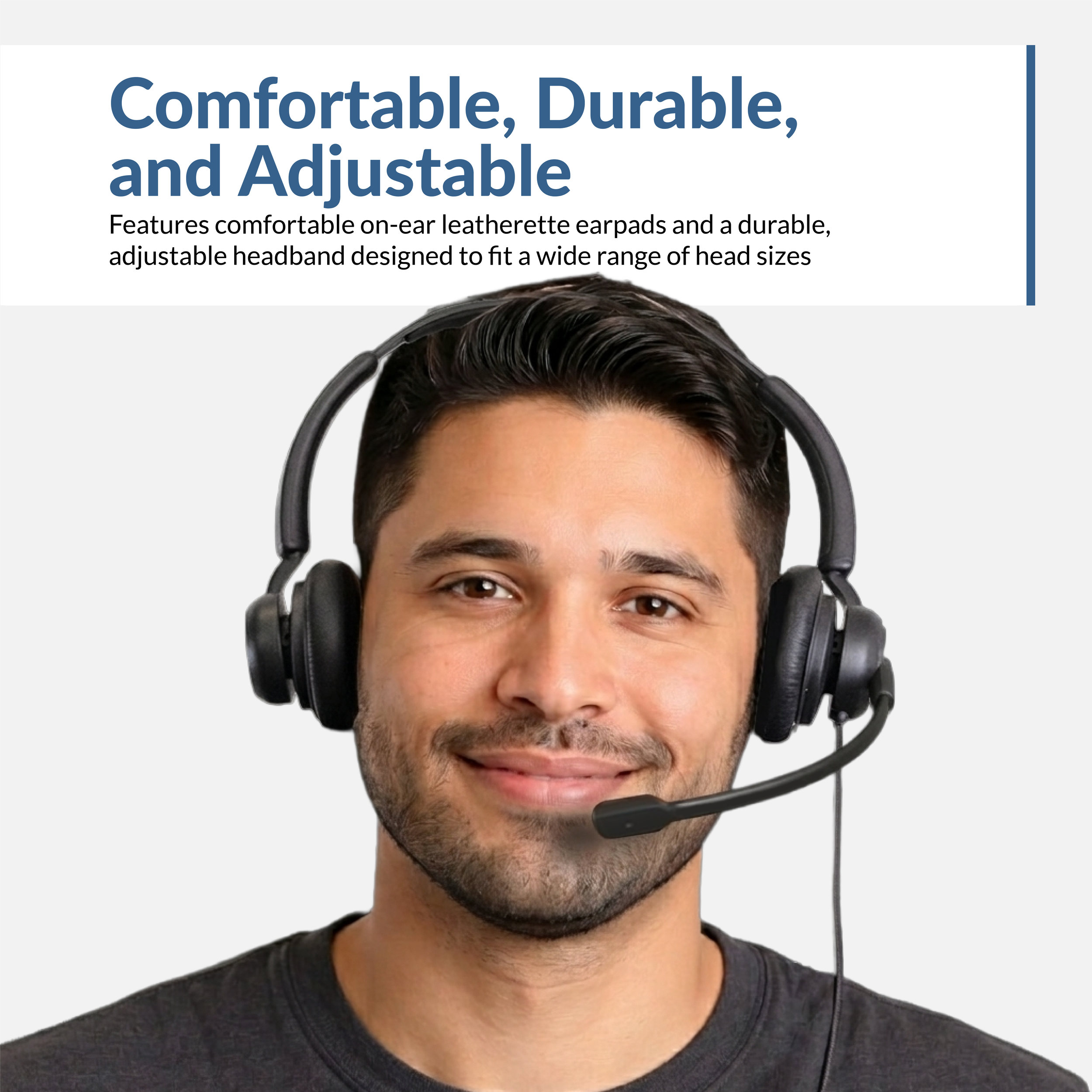 Man wearing the Cyber Acoustics AC-204ENC headset showing comfortable on-ear leatherette earpads and adjustable headband